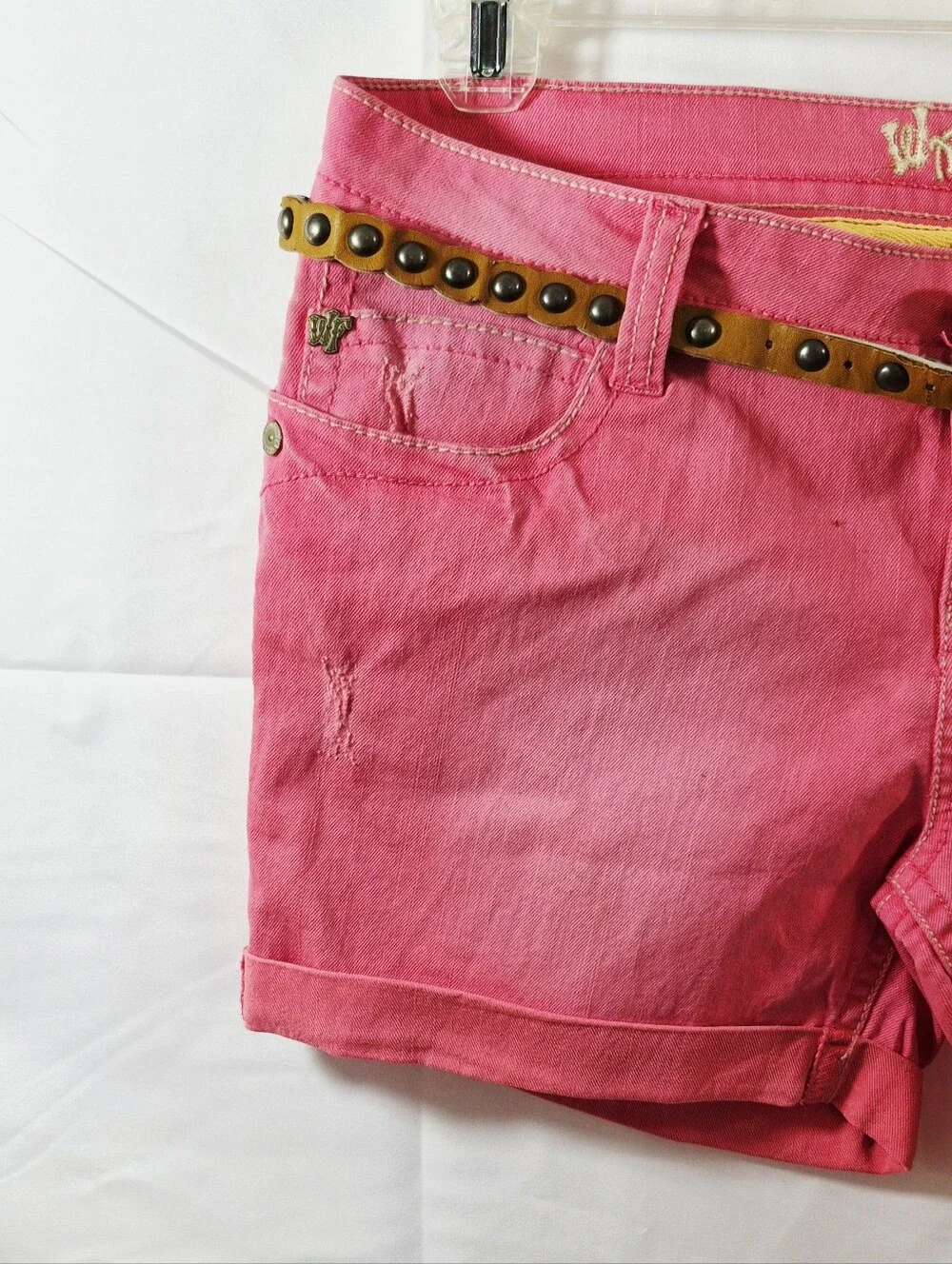 Wallflower Pink Siesta Distressed Low Rise Denim Shorts with Studded Tan Belt